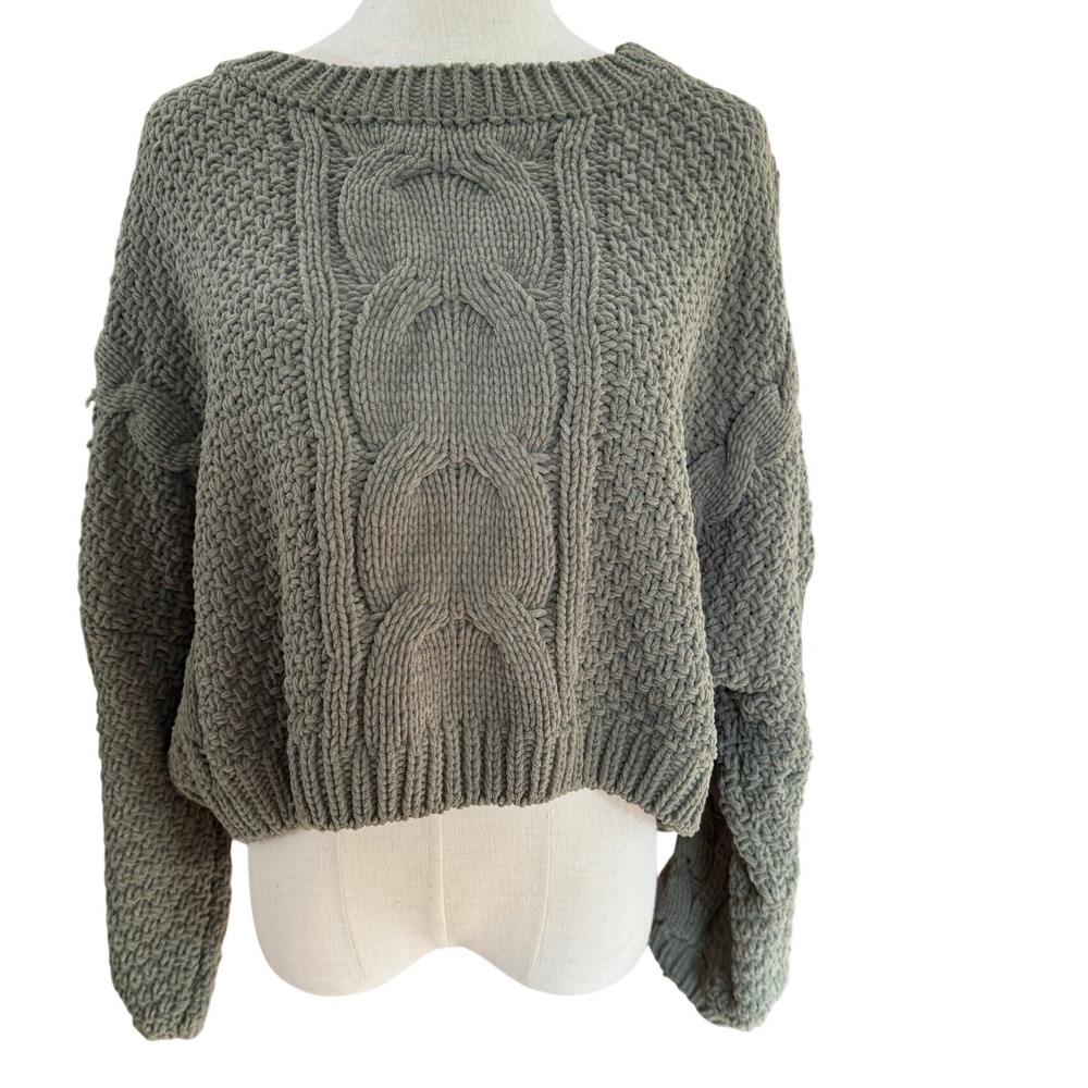 Jolie Sage Green Chunky Cable Knit Cropped Chenille Sweater Size S Oversized